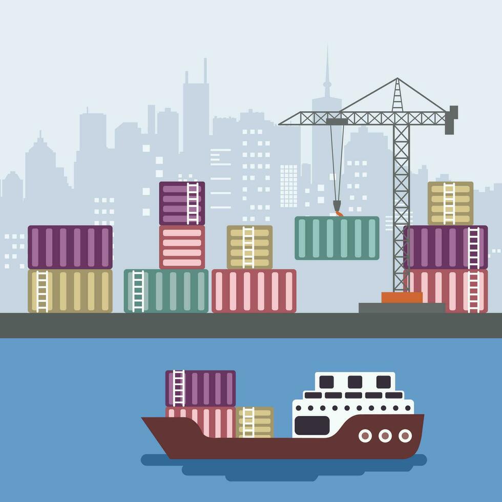 Container ship at freight port terminal Unloading. Merchant Marine. Flat vector illustration