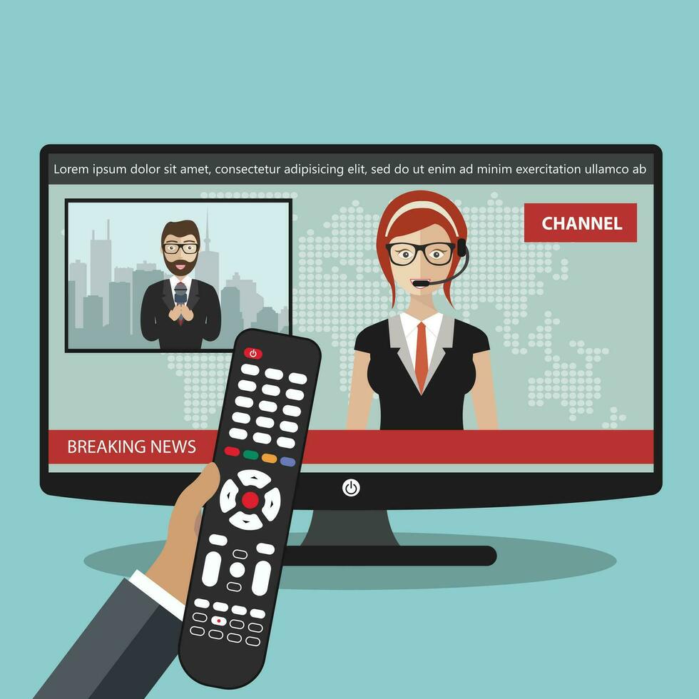 Breaking news concept. News on television with remote control. News anchor broadcasting the news with a reporter live on screen. Flat vector illustration