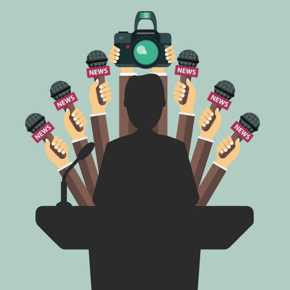 Set of microphones and camera in front of businessman giving a speech. Mass media, television, interview, breaking news, press conference concept. Flat vector illustration.