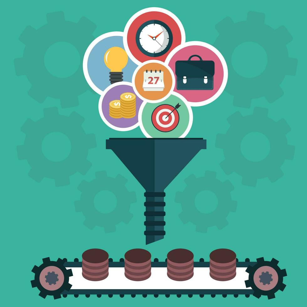 Concepts for creative process, big data filter, data tunnel and analysis. Flat vector illustration
