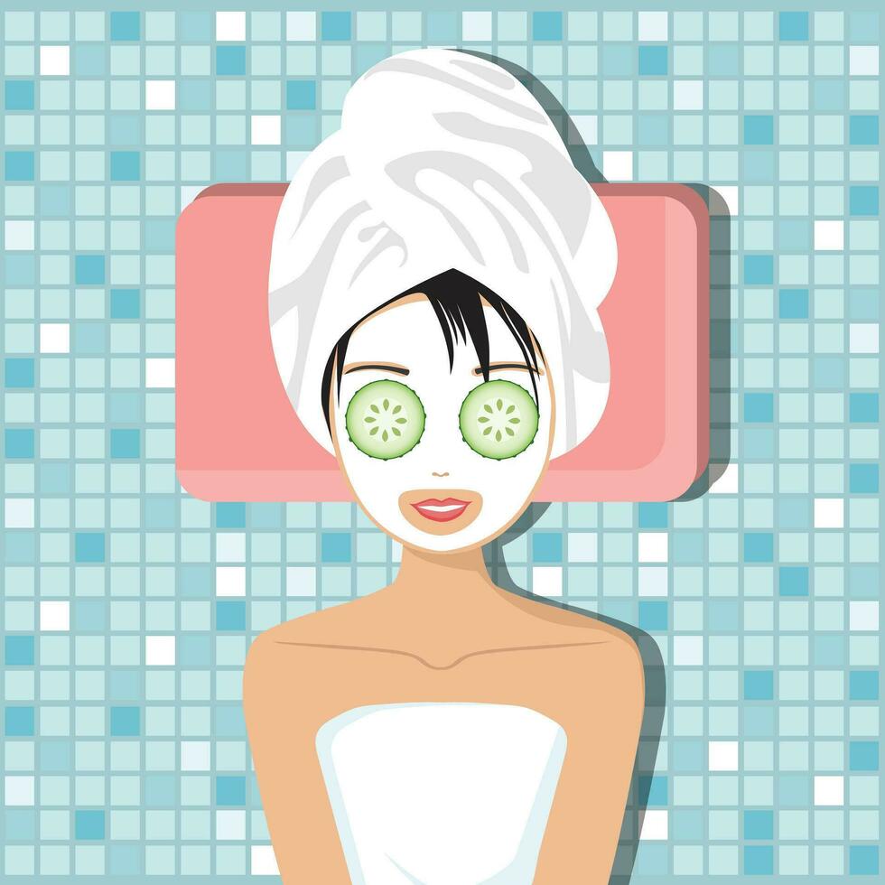 mujer teniendo anti-envejecimiento facial tratamiento con pepinos spa y bienestar concepto. plano vector ilustración