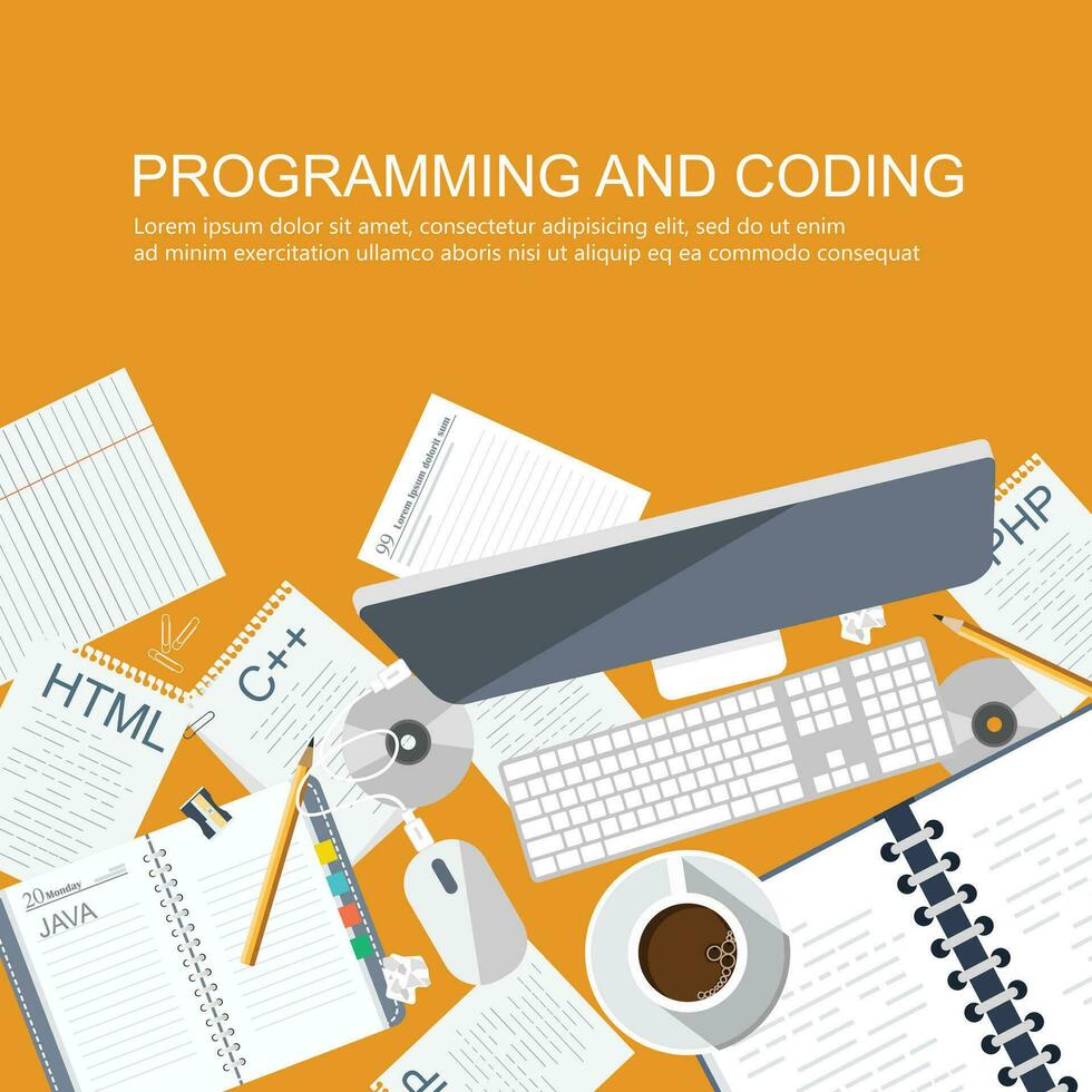 Programming and coding concept. Office desk with equipment. Application development icon for websites. Software and program code concept. Flat vector illustration