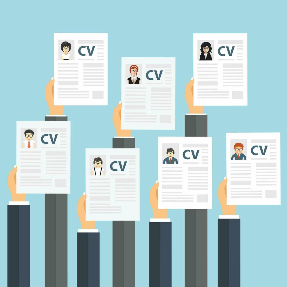 Hands holding CV papers. Human resources management concept, searching professional staff, analyzing resume papers, work. Flat vector illustration.