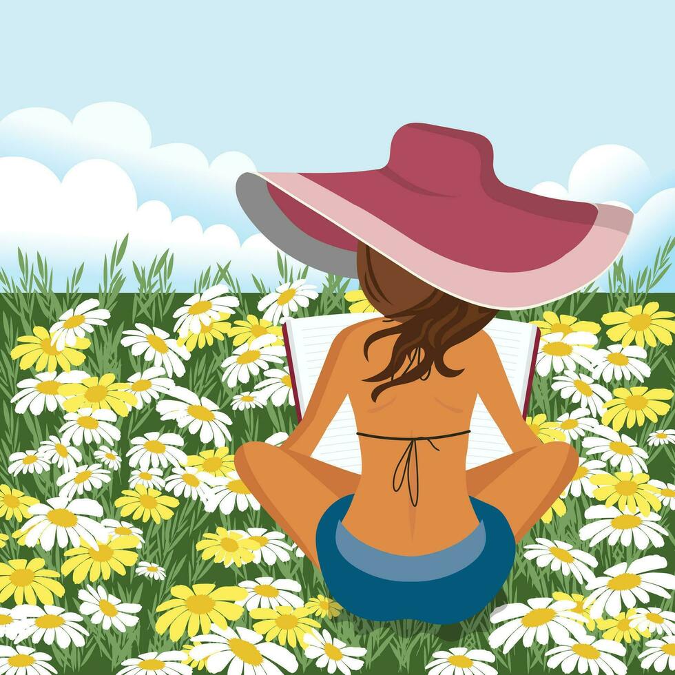 mujer leyendo libro al aire libre. mujer relajante en campo. verano y primavera antecedentes. plano vector ilustración