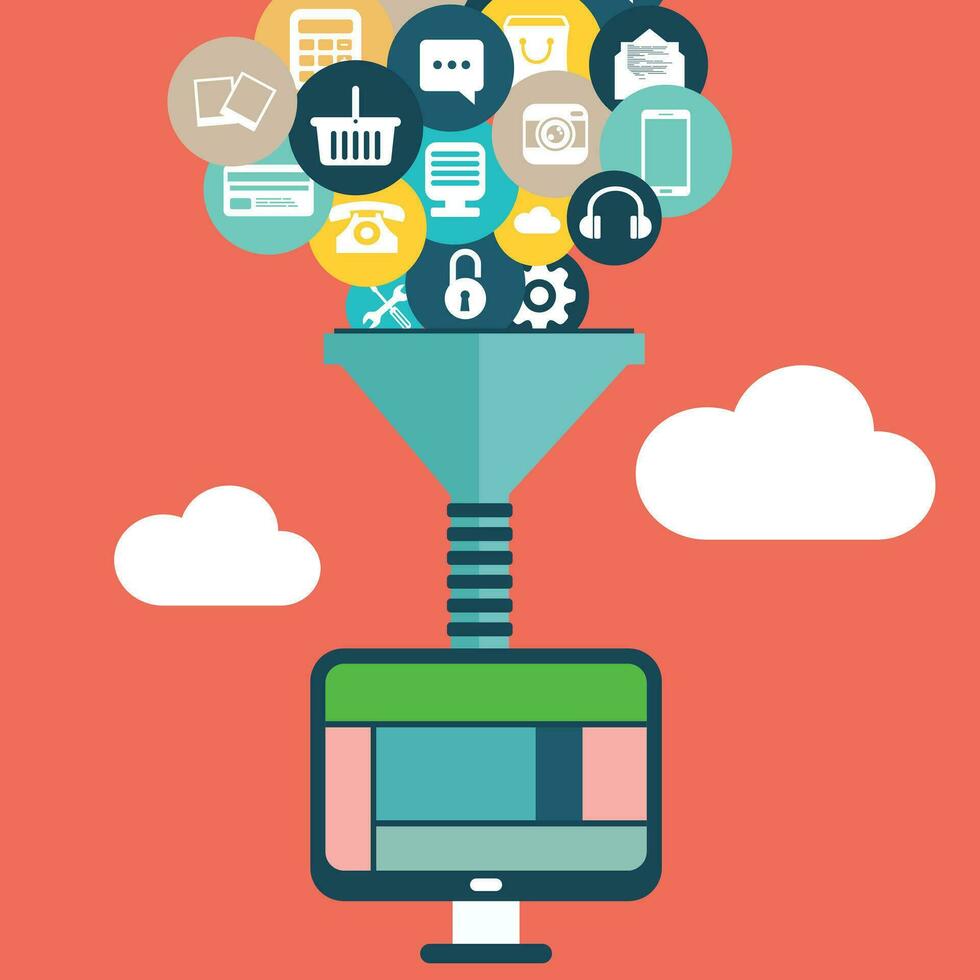 Concepts for creative process, big data filter, data tunnel and analysis. Flat vector illustration