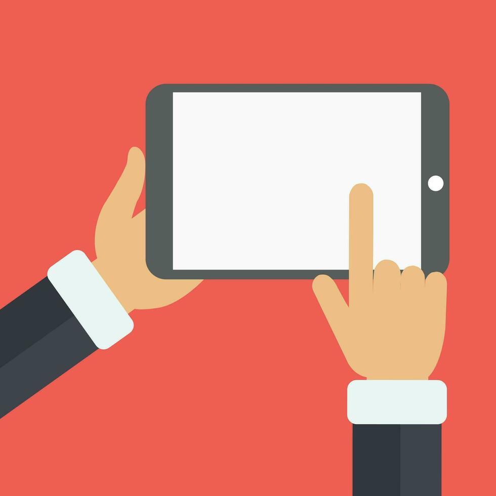 Businessman hold tablet and pointing empty screen. Flat design style vector illustration for web banner, web site, infographics