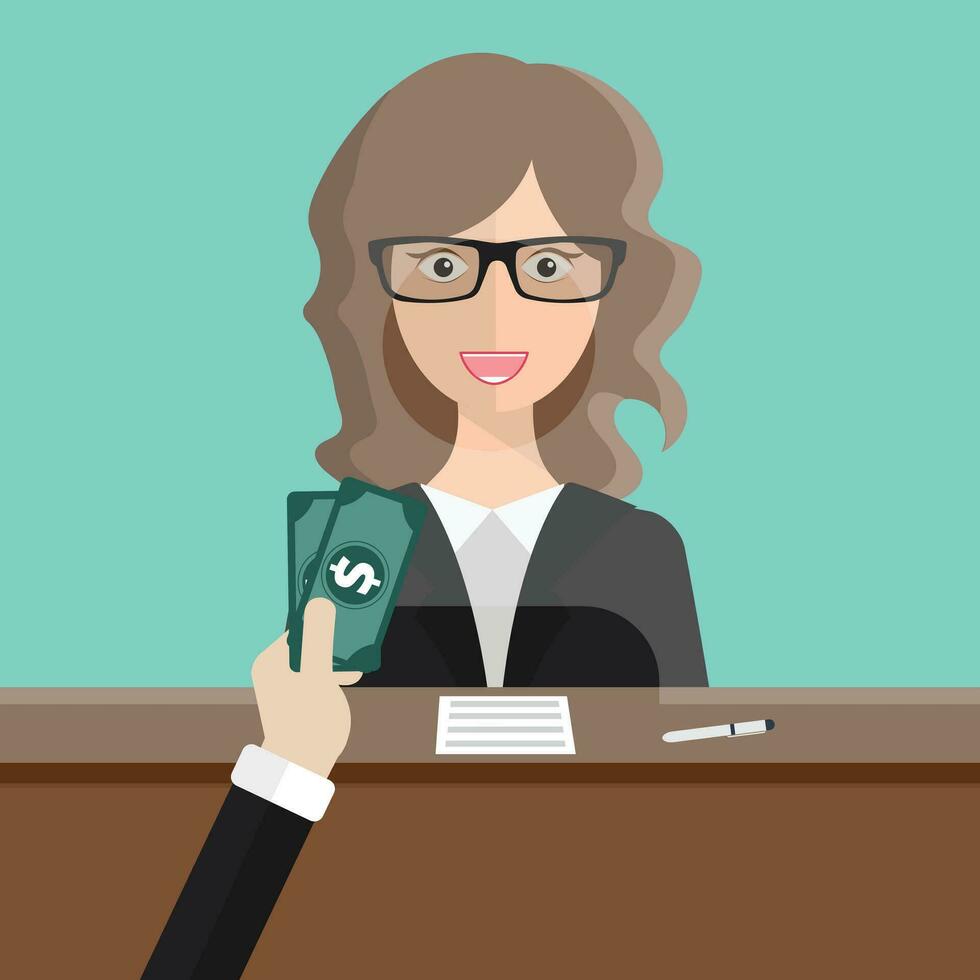 Bank teller sitting behind glass. Woman clerk in a bank office receiving money. Flat vector illustration