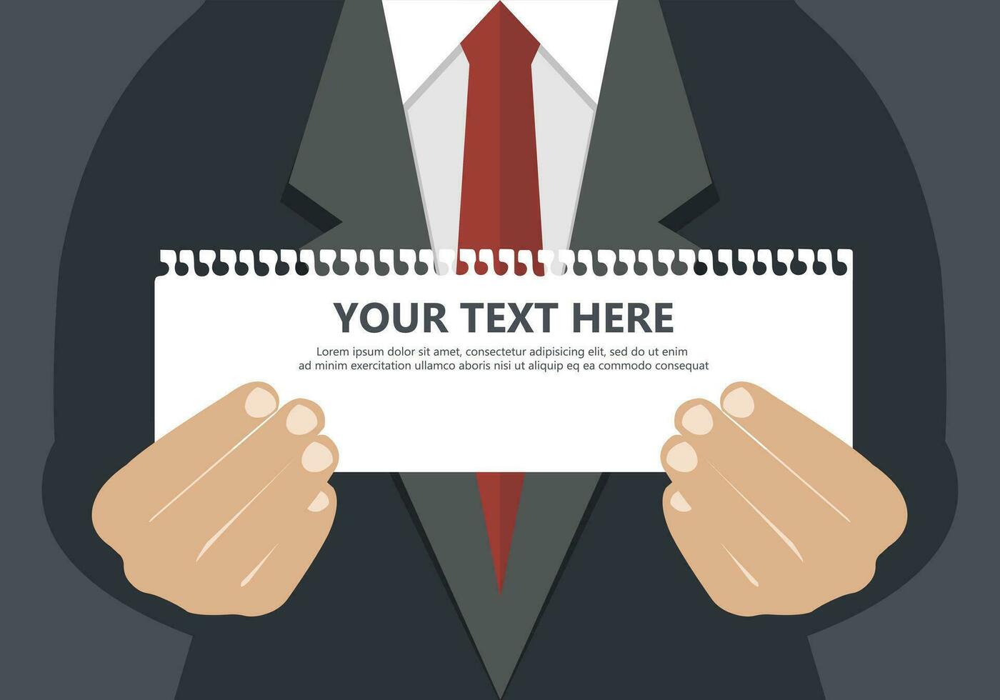 Businessman in suit holding piece of paper with text. Concept for websites. Flat vector illustration