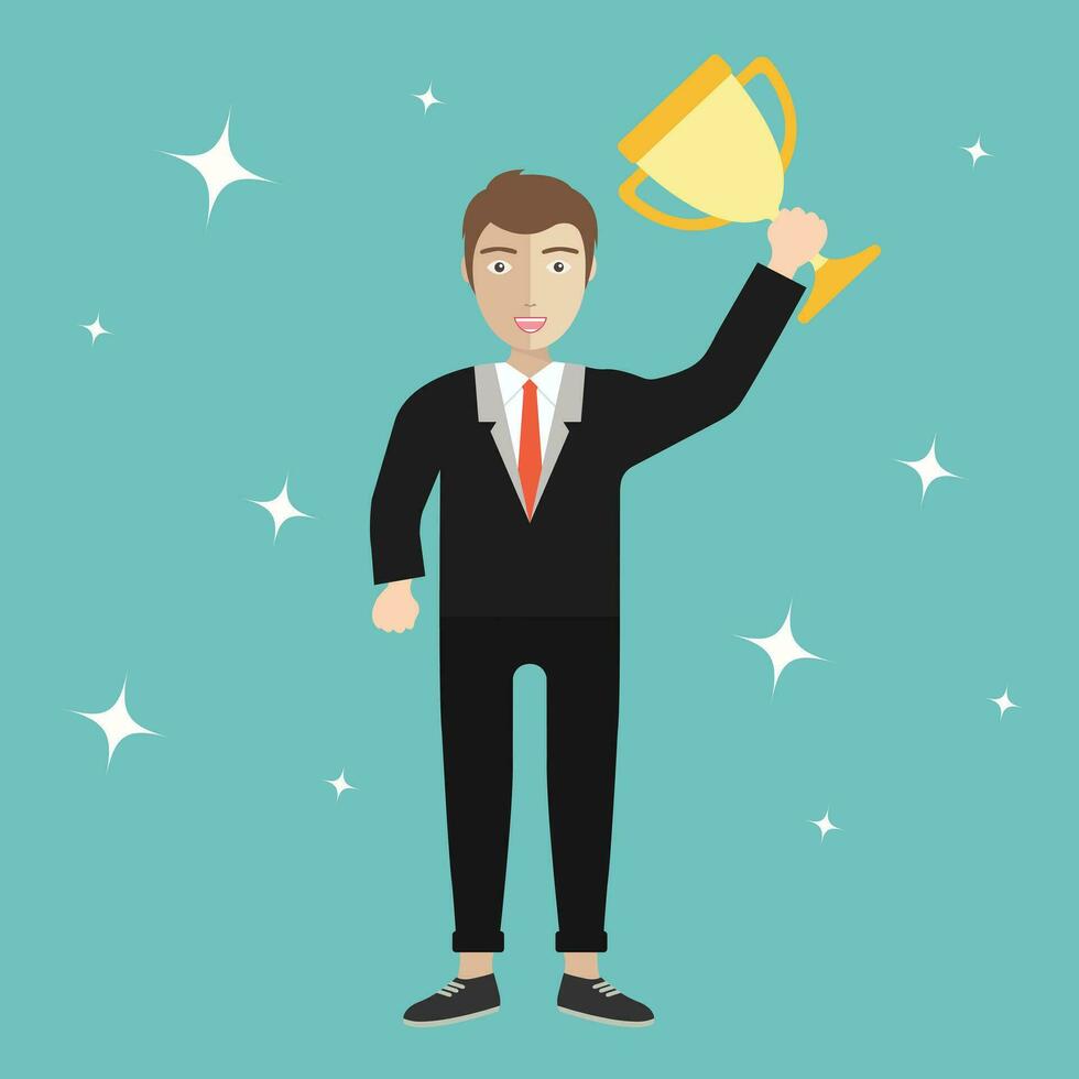 Businessman holding trophy. Concept for winning in sports, business. Flat vector illustration
