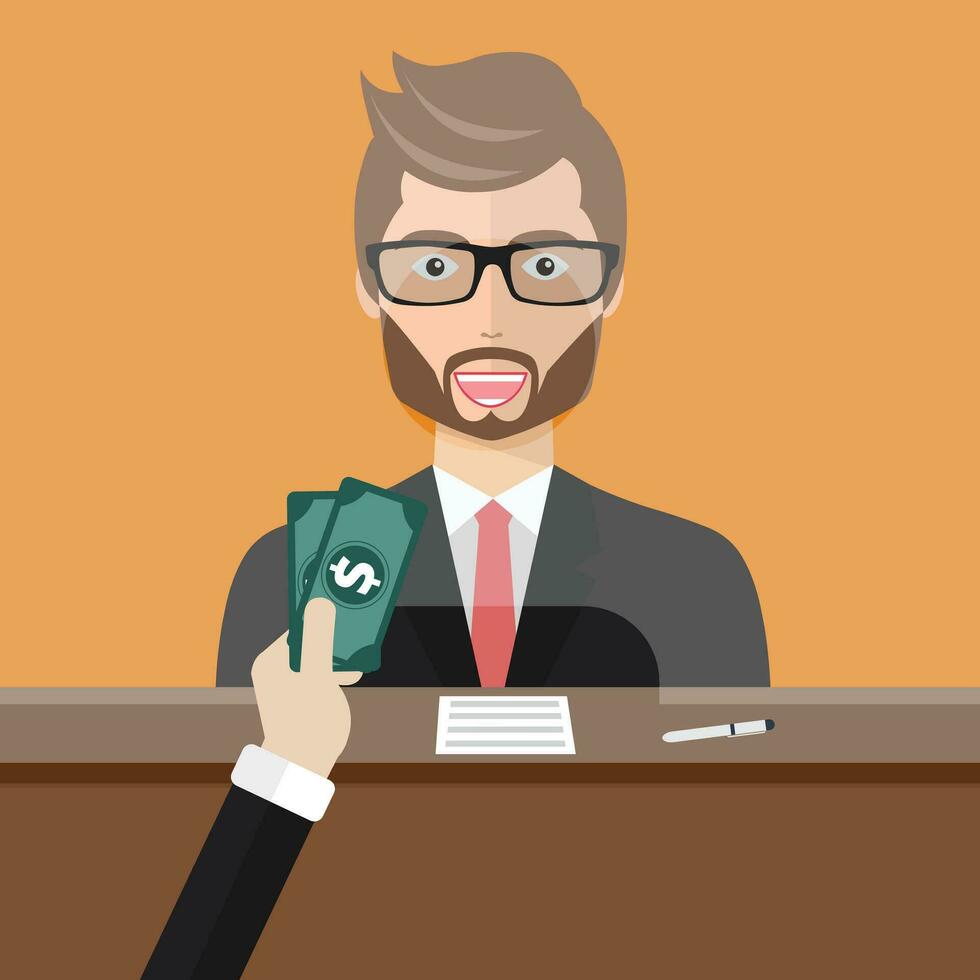 Bank teller sitting behind glass. Man clerk in a bank office receiving money. Flat vector illustration