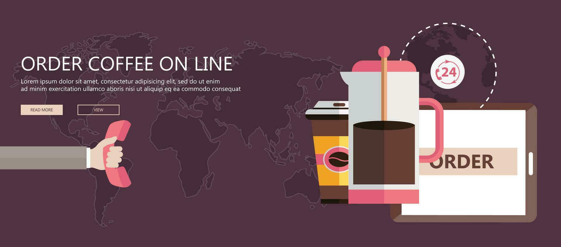 Order coffee on line flat banner. Vector illustration