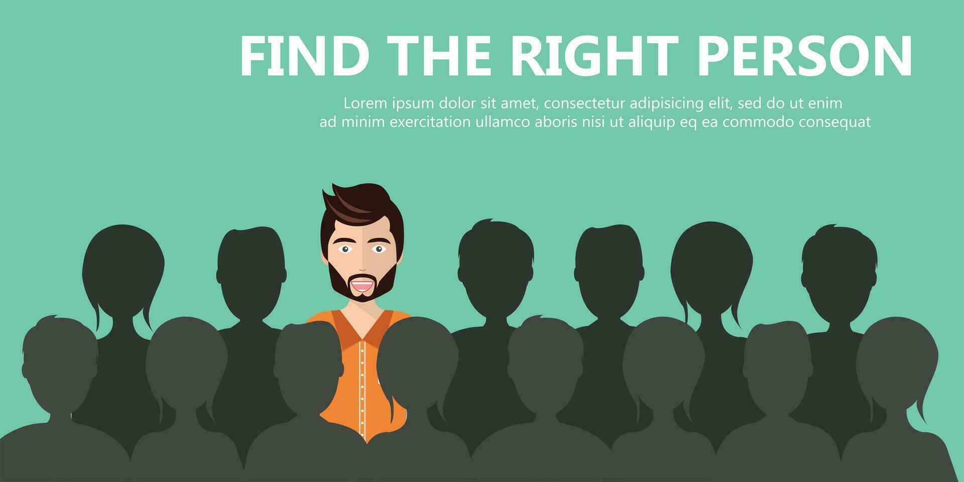 Find the right person for the job concept. Green background. Flat vector design