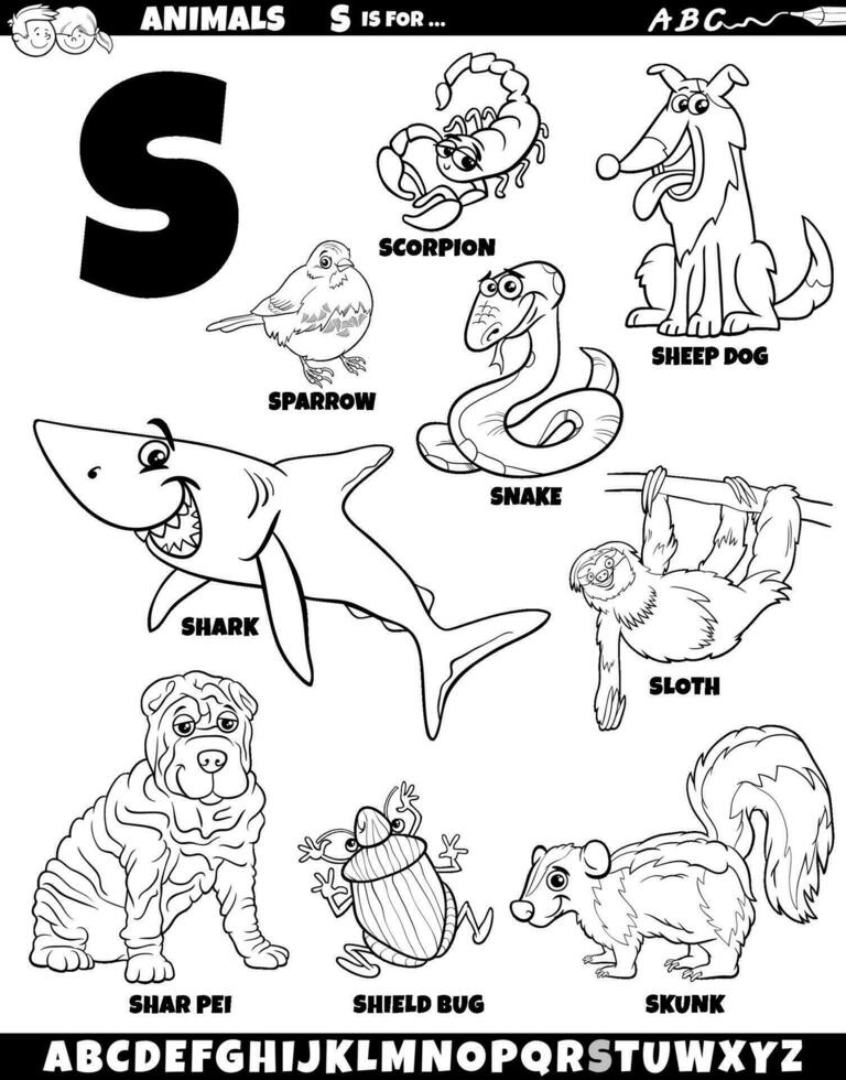 cartoon animal characters for letter S set coloring page vector