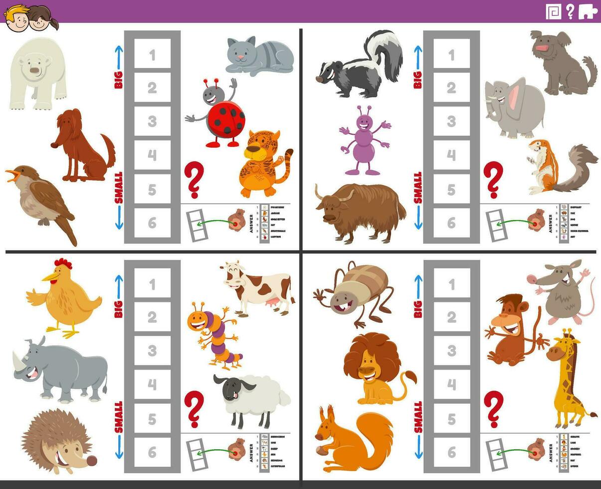 educational games set with big and small cartoon animals vector