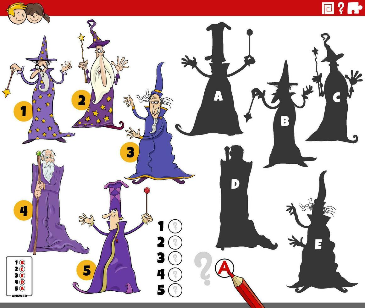 finding shadows activity game with cartoon wizards vector