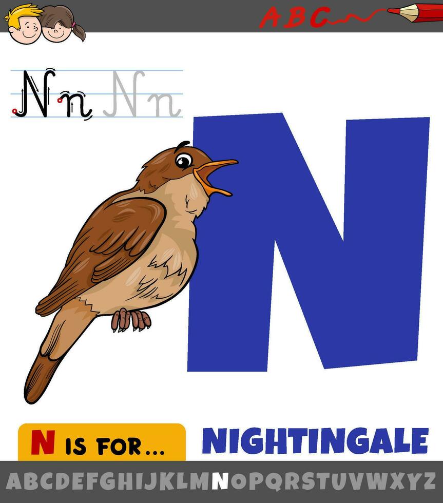 letter N from alphabet with cartoon nightingale bird vector