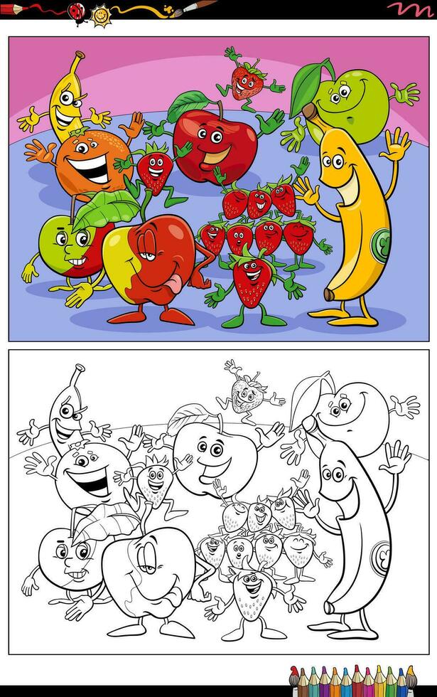funny cartoon fruit characters group coloring page vector