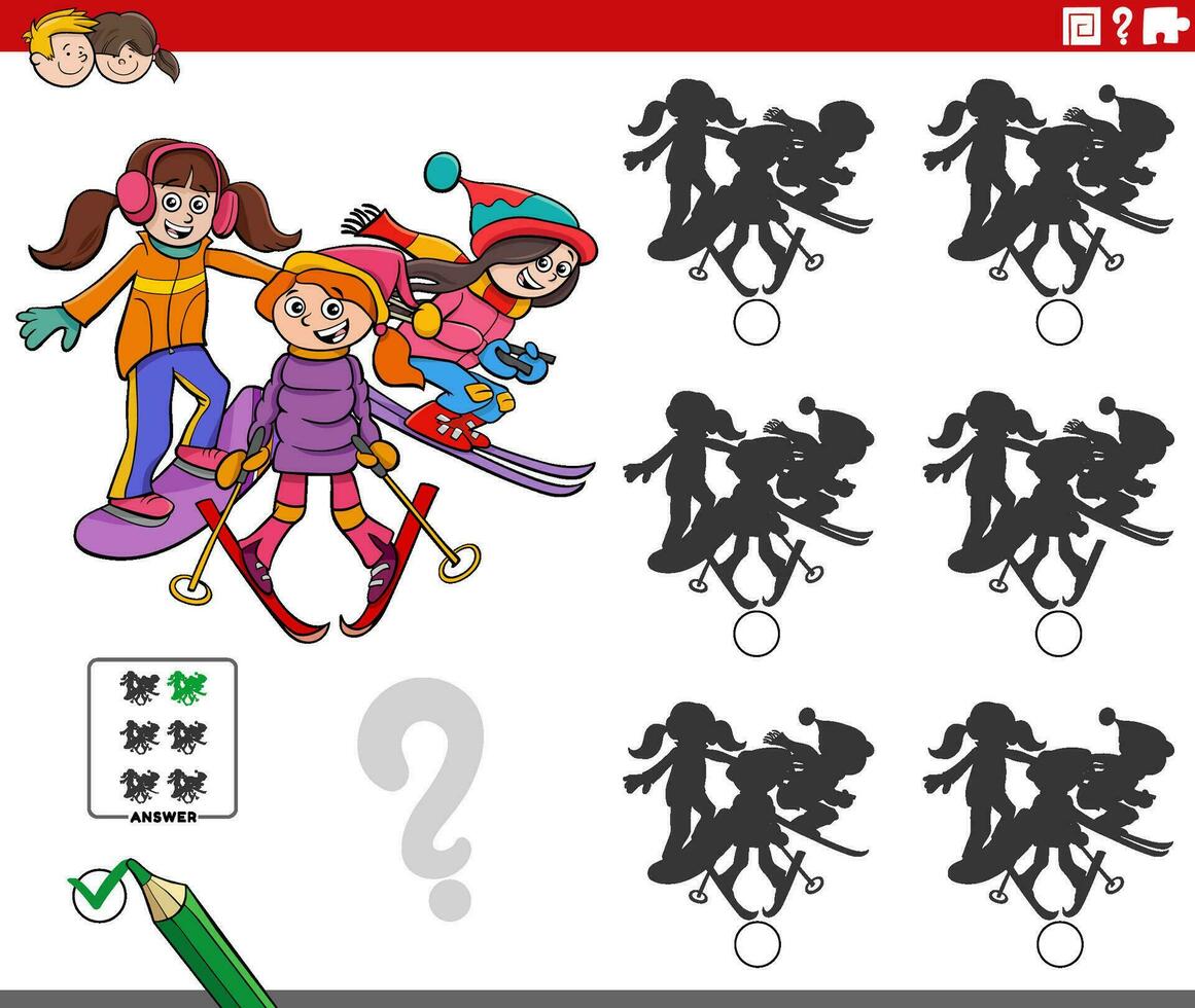 shadow game with cartoon girls skiing and snowboarding vector
