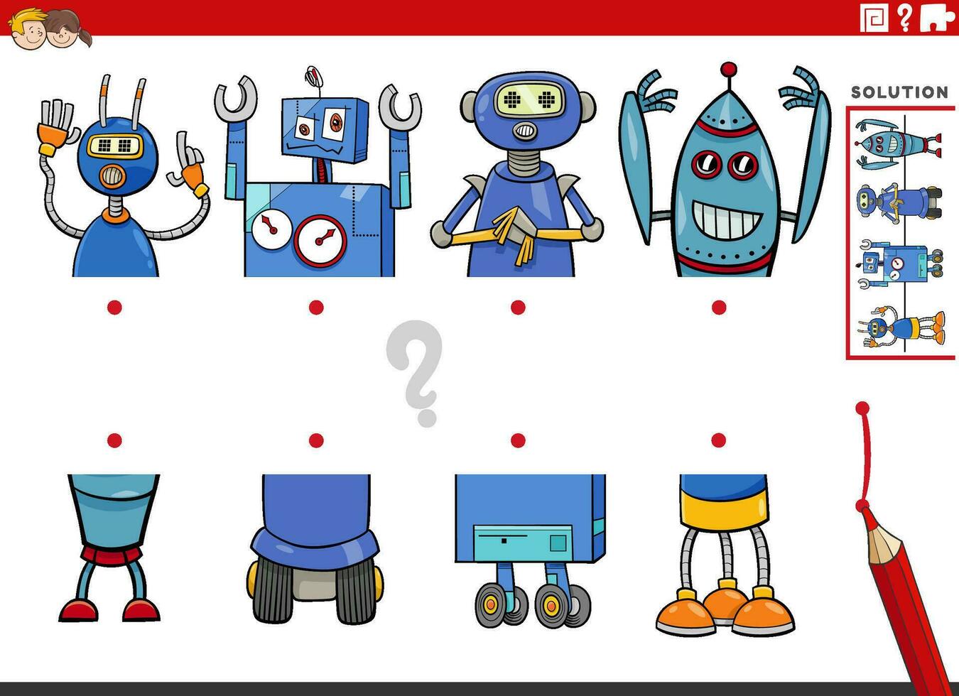 match halves of pictures with comic robots educational activity vector