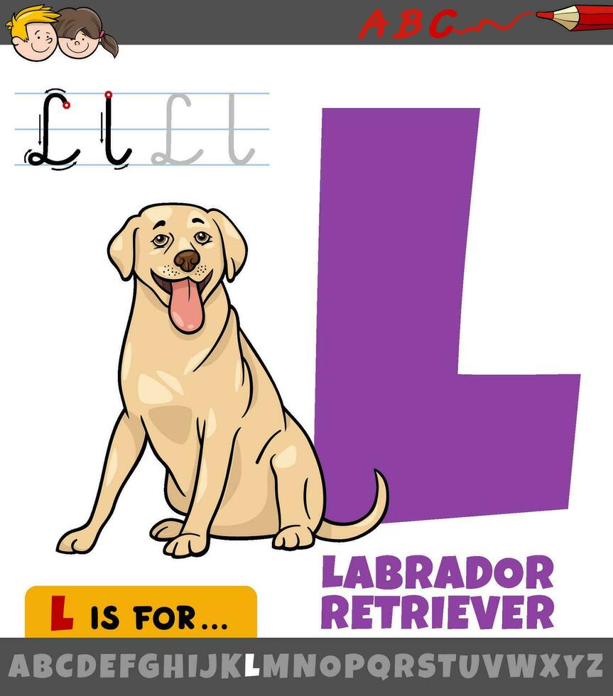 letter L from alphabet with cartoon labrador retriever dog vector