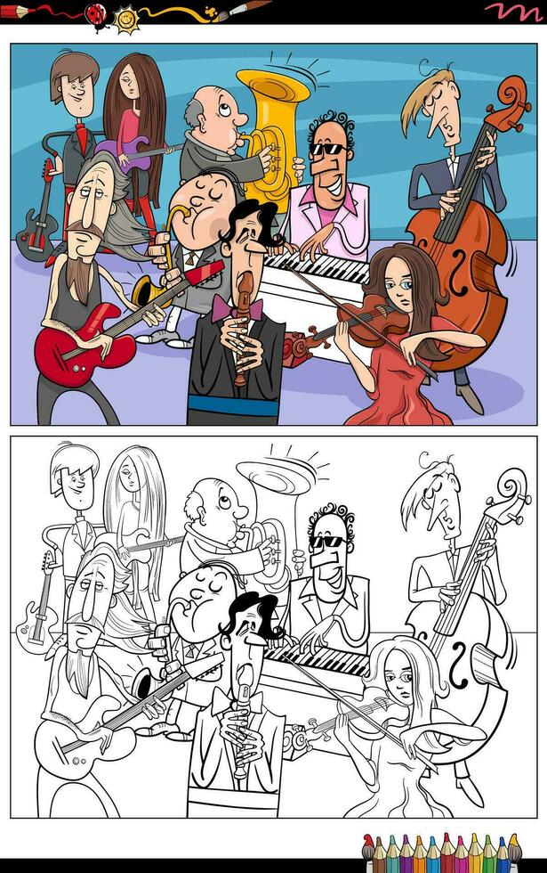 cartoon musicians group or musical band coloring page vector