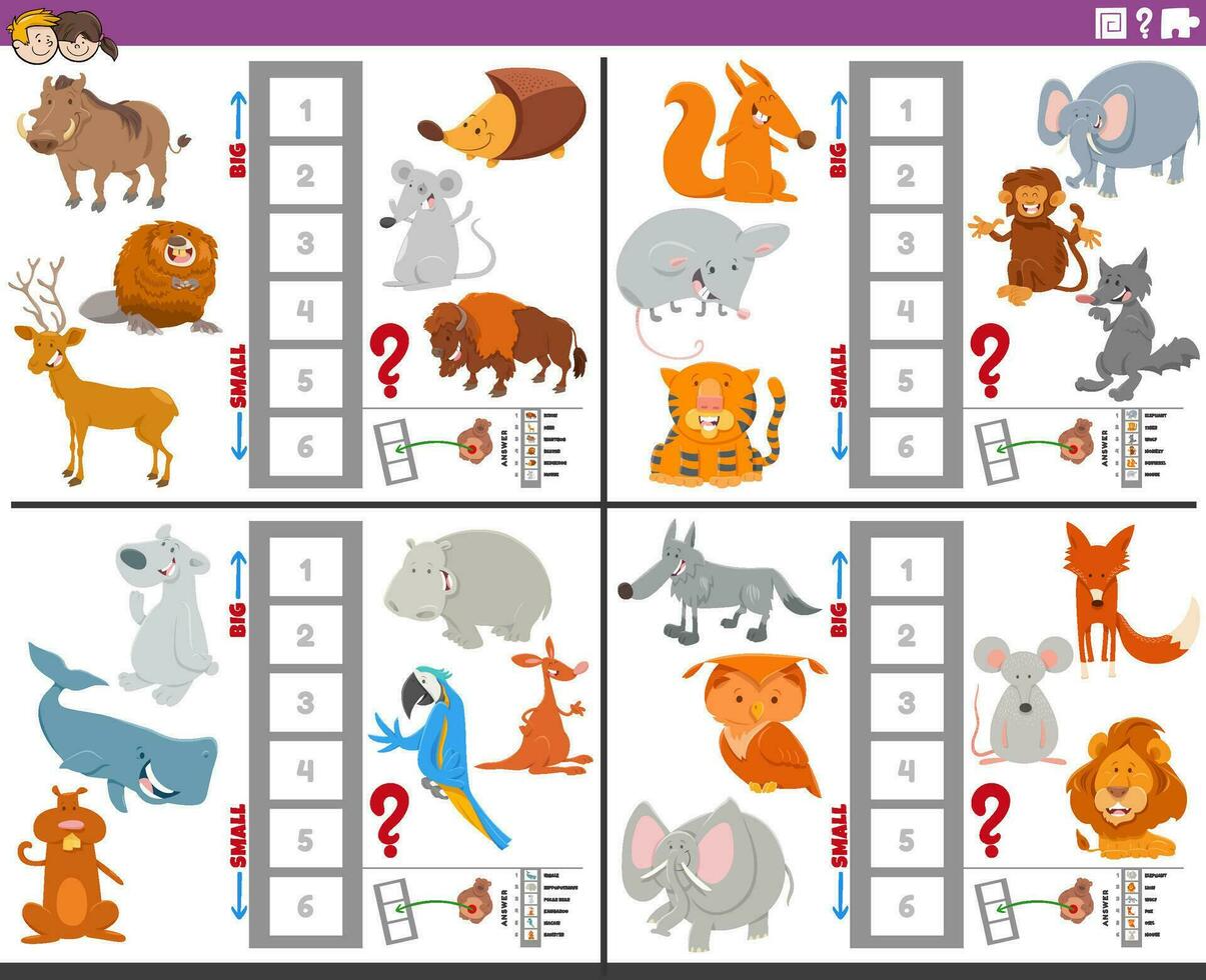 educativo juegos conjunto con grande y pequeño dibujos animados animales vector