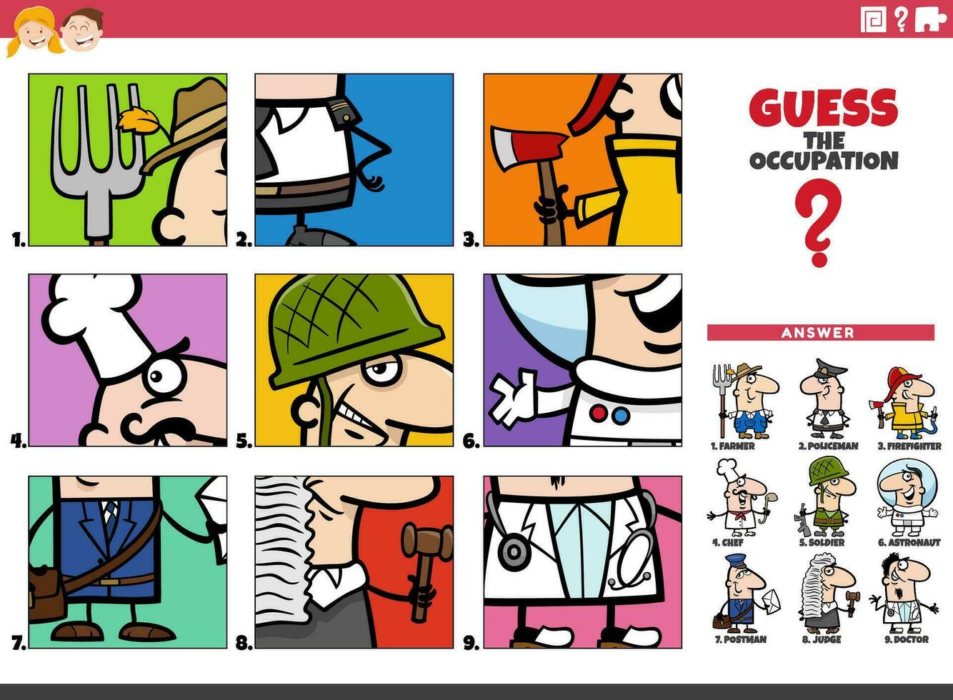 guess the occupation cartoon educational game vector