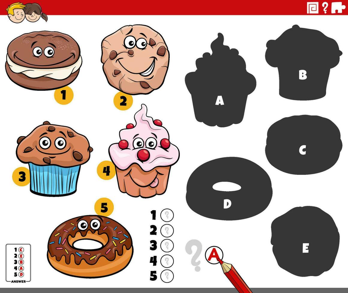 finding shadows game with cartoon sweet food characters vector