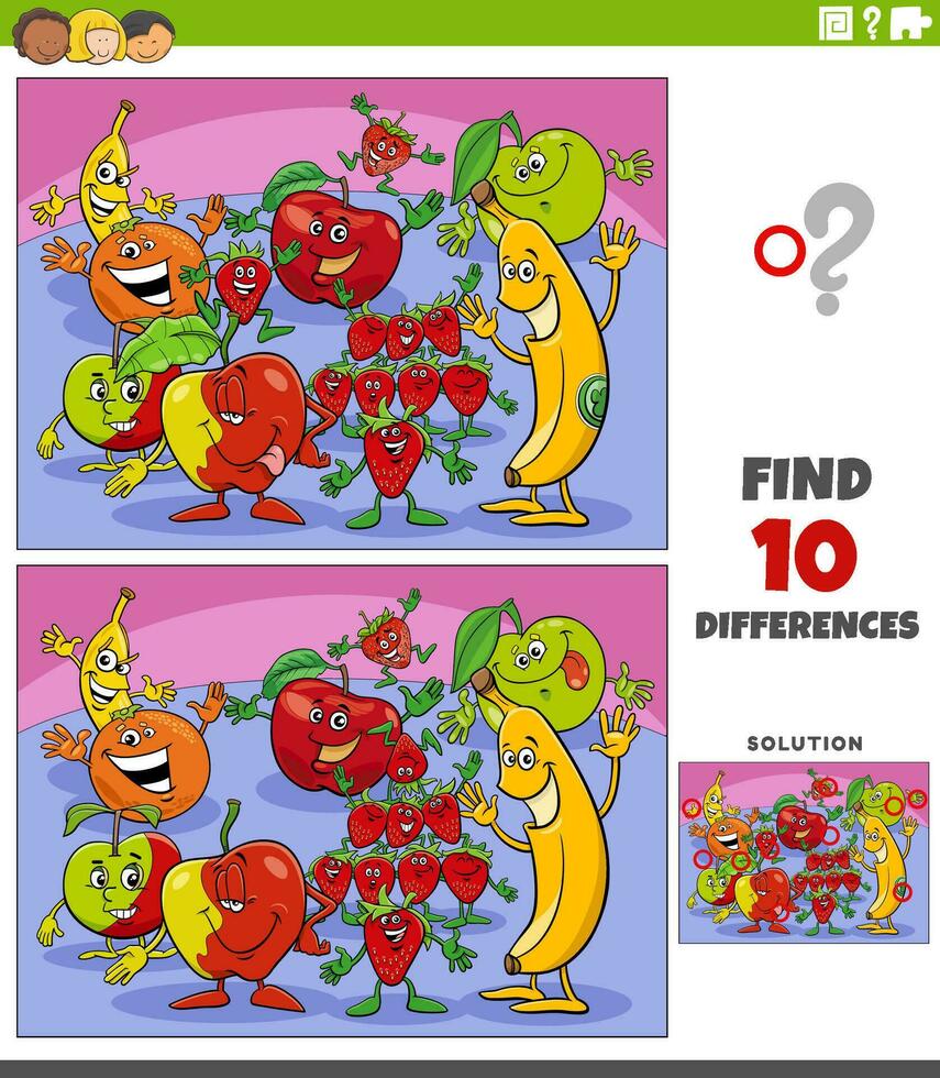 diferencias actividad con dibujos animados Fruta caracteres vector