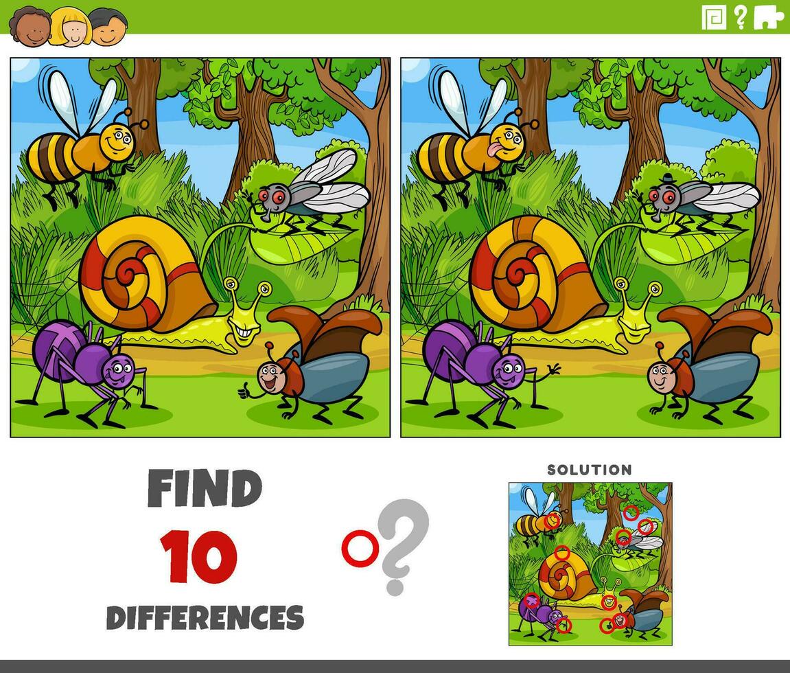 diferencias actividad con dibujos animados insectos caracteres y caracol vector