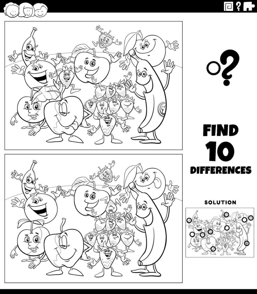 differences activity with fruit characters coloring page vector