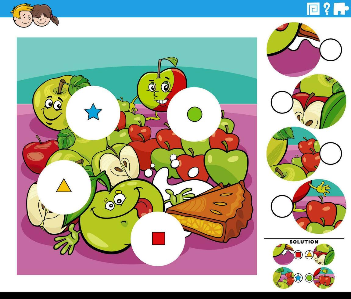 partido el piezas actividad con dibujos animados manzanas y manzana tarta vector