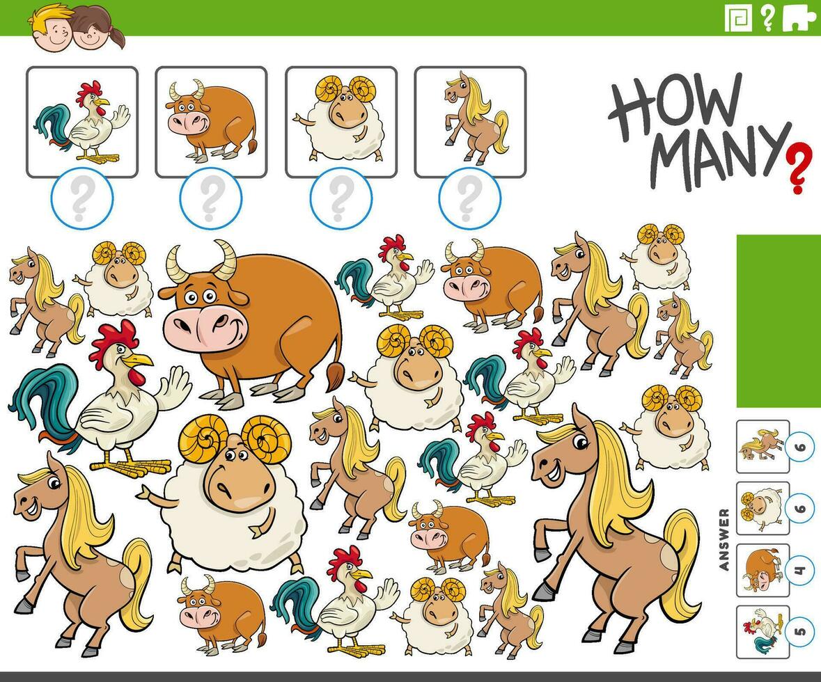 how many activity with cartoon farm animal characters vector