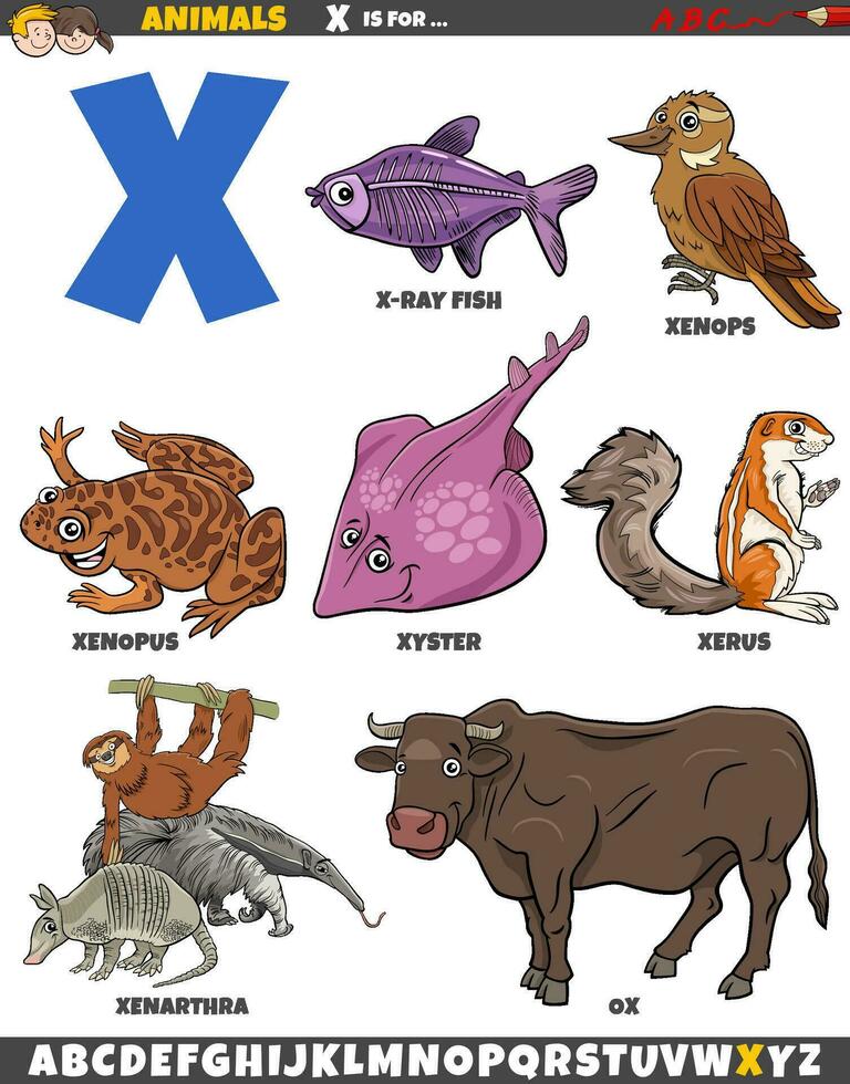 dibujos animados animal caracteres para letra X educativo conjunto vector