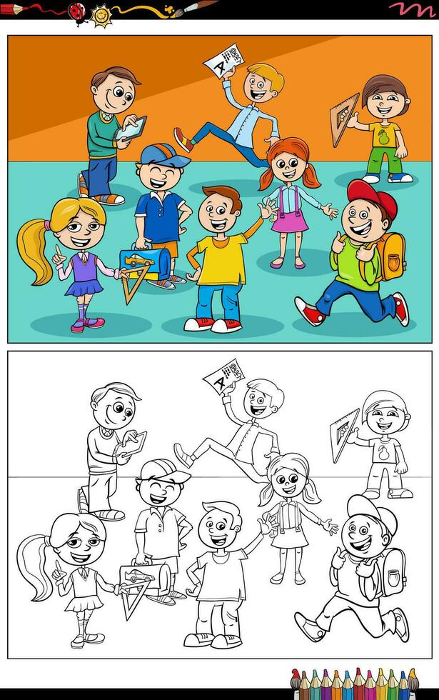 cartoon pupils or students characters group coloring page vector