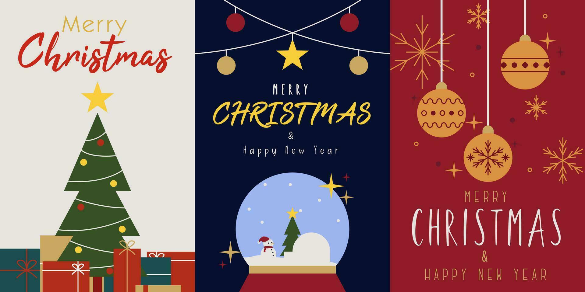 Modern flat Merry Christmas card set Christmas tree, gift, ball, Xmas elements and decorations background vector design