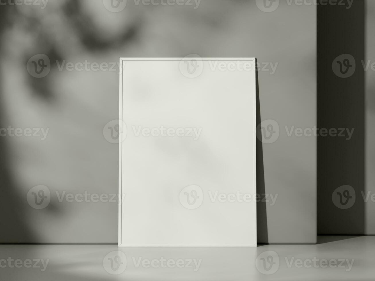 Blank poster with frame mockup on grey wall with shadow photo