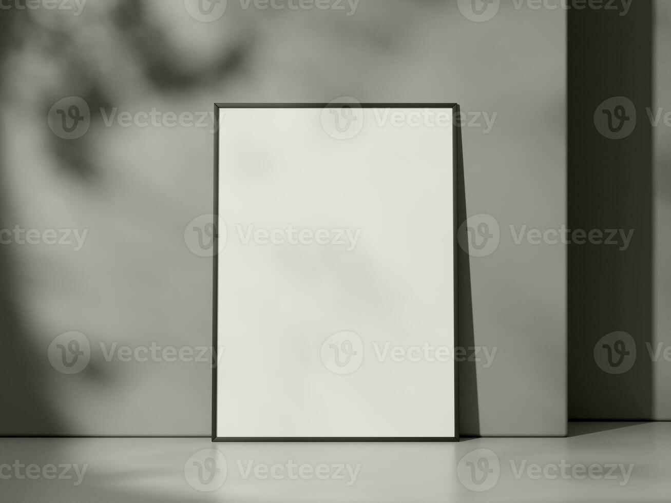 Blank poster with frame mockup on grey wall with shadow photo