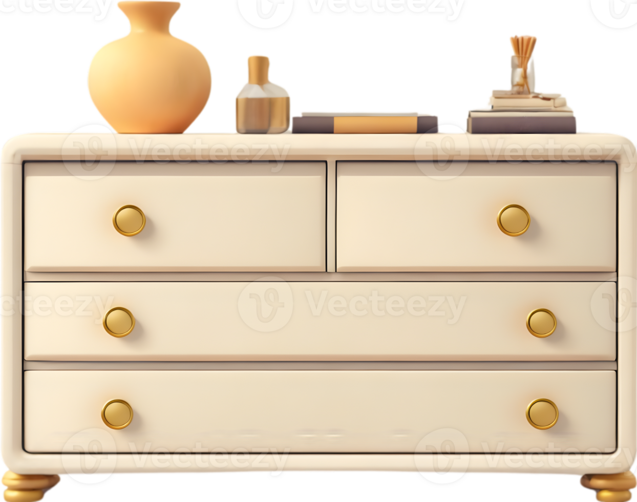 a dresser with a mirror, books and vase  Ai generative png