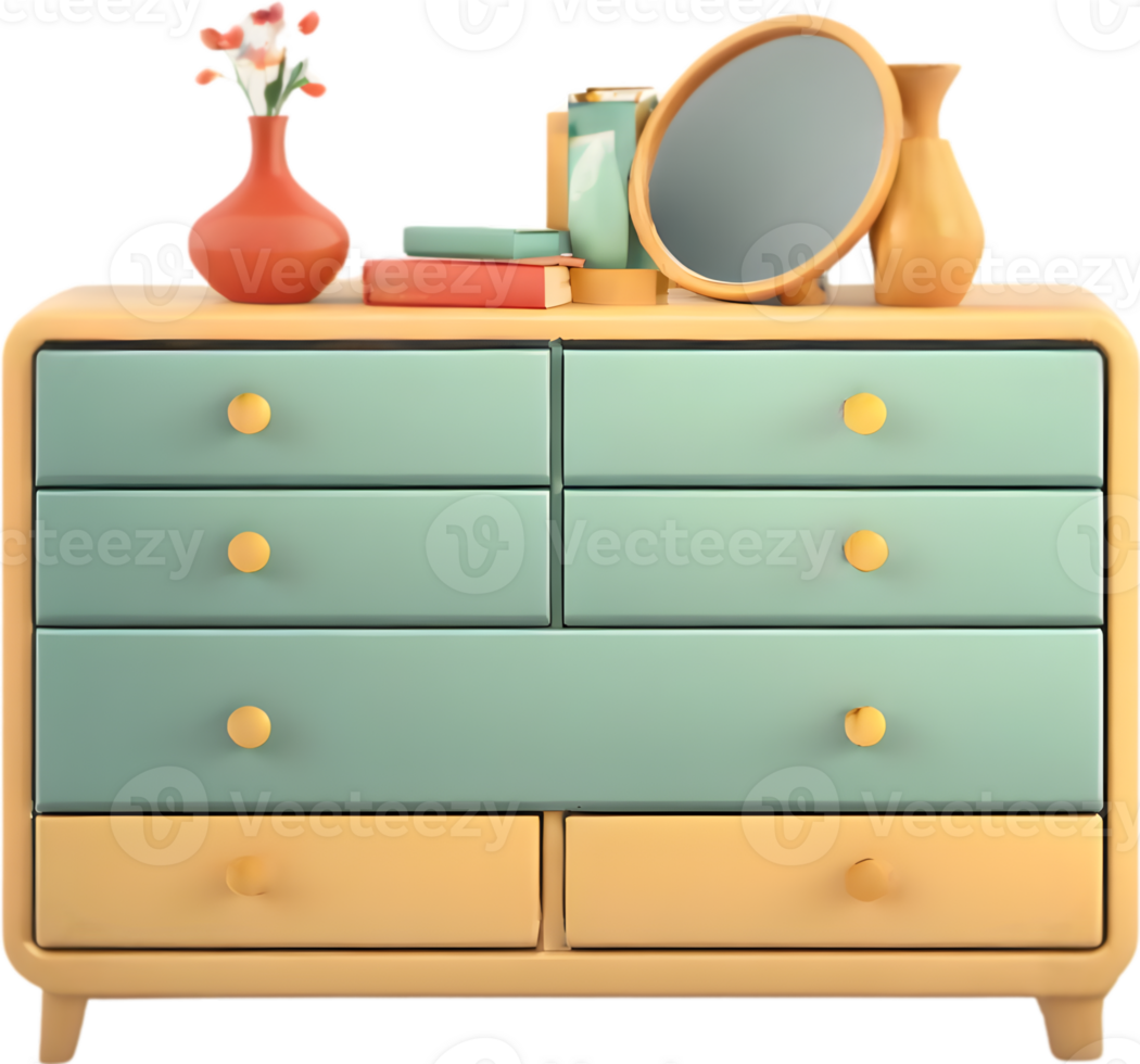 a dresser with a mirror, books and vase  Ai generative png