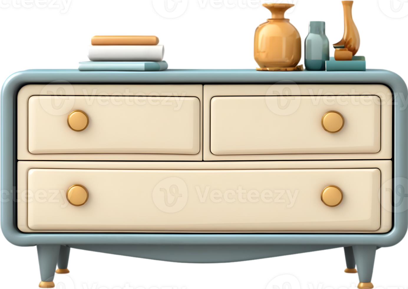 a dresser with a mirror, books and vase  Ai generative png