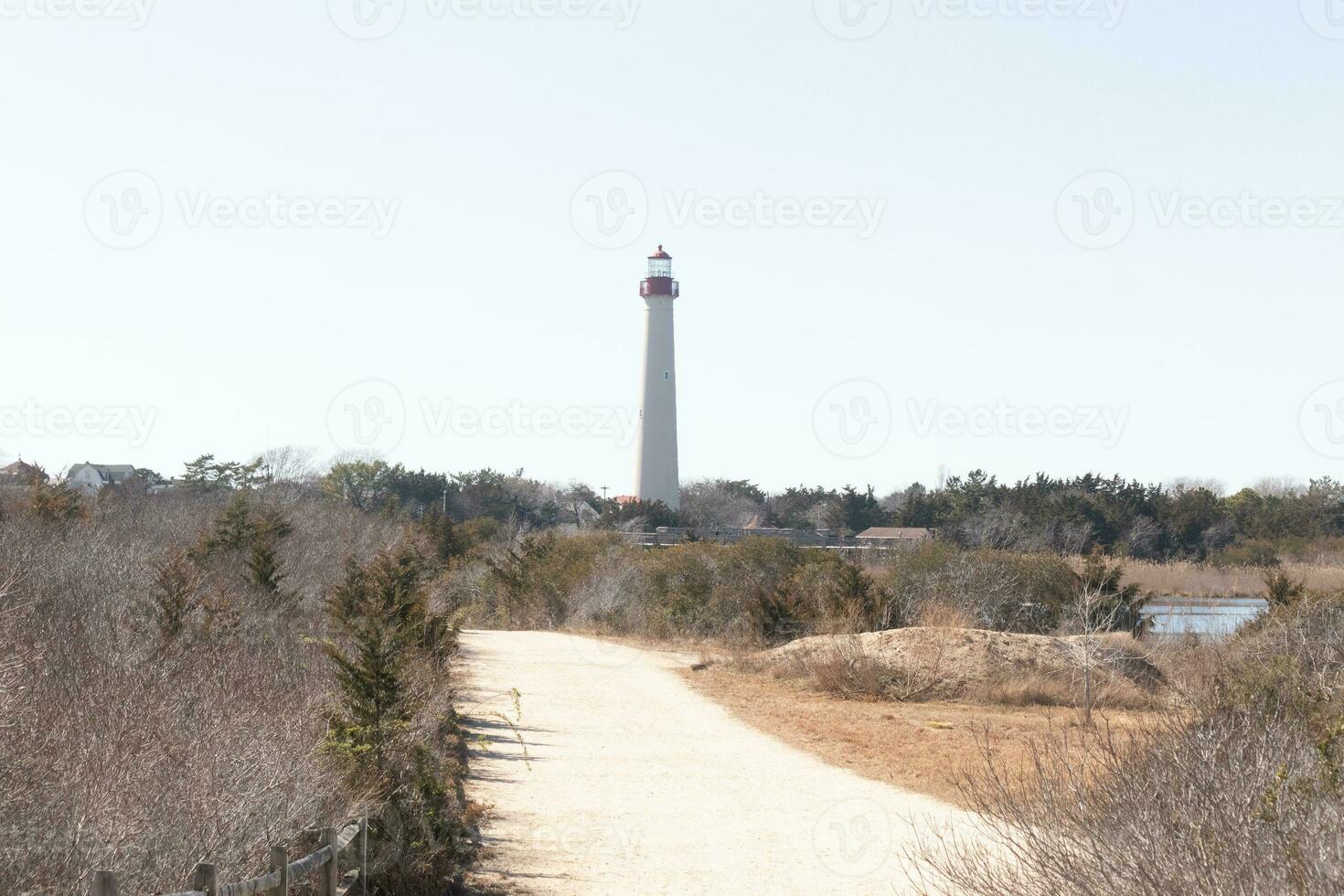 This pale white path leads to a beacon of hope. The Cape May point lighthouse stands tall in the distance. photo