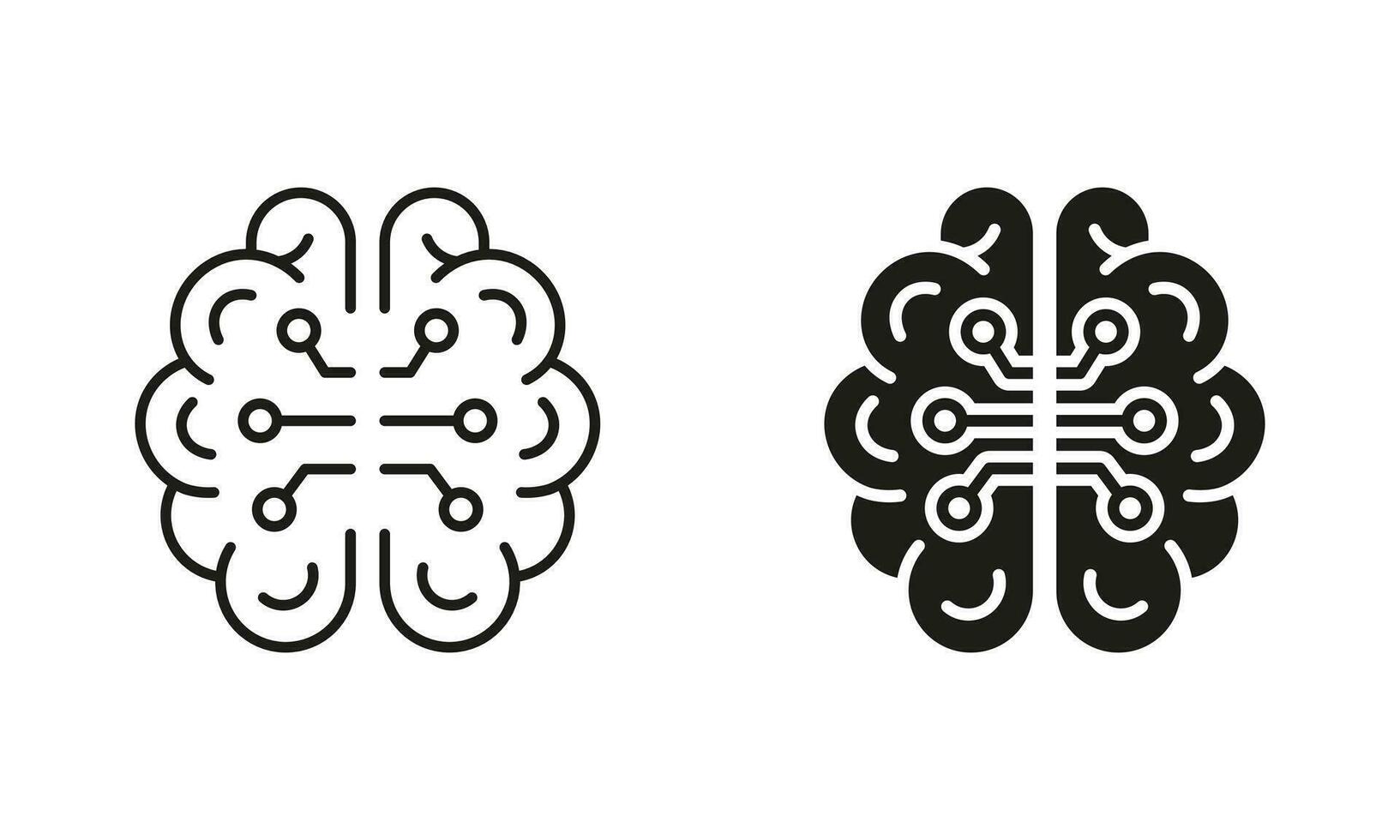 Human Brain with Circuit, Digital Technology Concept Silhouette and Line Icons Set. Artificial Intelligence Black Symbol Collection. Network, Tech Science Pictogram. Isolated Vector Illustration.