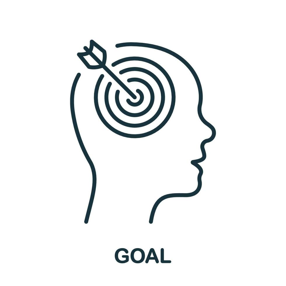 Goal, Target, Aim, Focus Line Icon. Objective-Focused Human Head Linear Pictogram. Mental Concentration Outline Sign. Intellectual Process Symbol. Editable Stroke. Isolated Vector Illustration.
