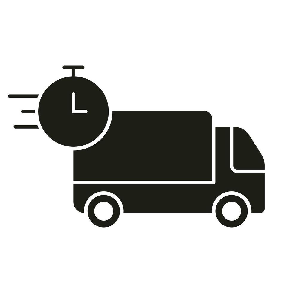 Express Shipping Silhouette Icon. Delivery Time Glyph Pictogram. Fast Vehicle Deliver Solid Sign. Cargo Truck with Timer Sign, Free Shipment Symbol. Isolated Vector Illustration.