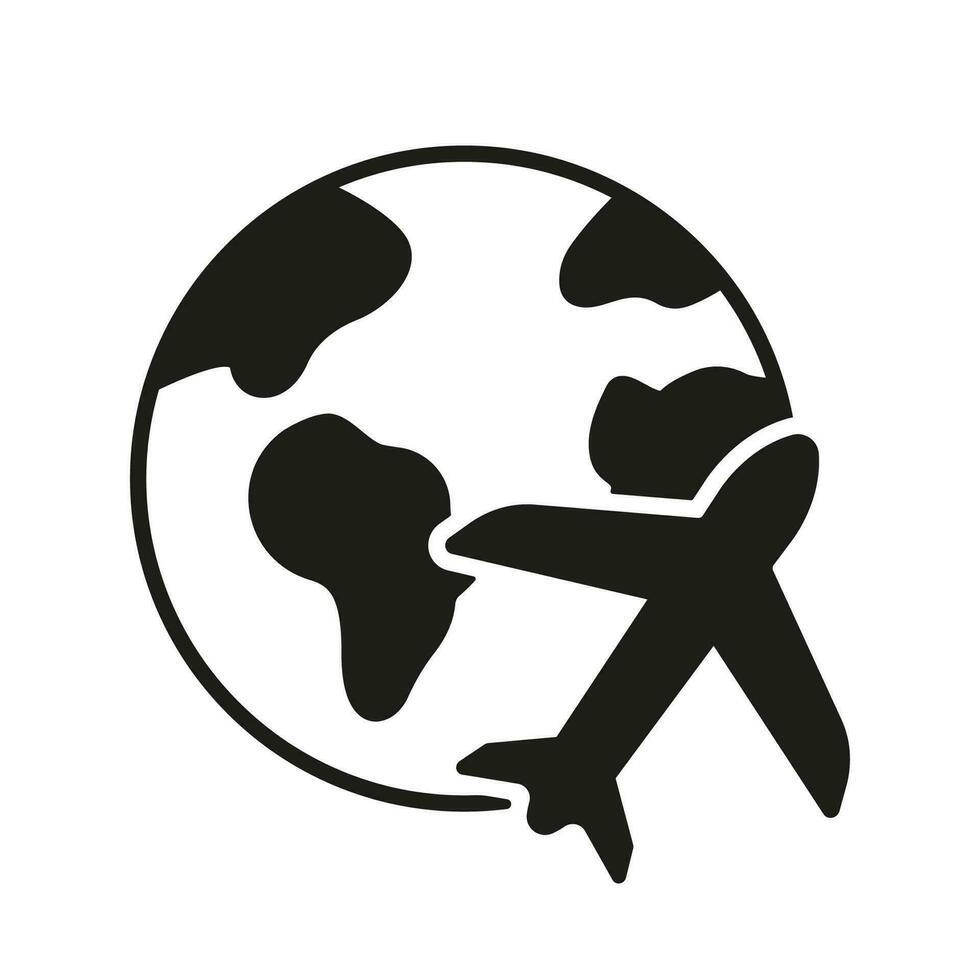 Airplane with Planet Earth Silhouette Icon. Globe with Plane Glyph Pictogram. Travel Around World Solid Sign. Business Flight Symbol. Air Transport for Journey. Isolated Vector Illustration.