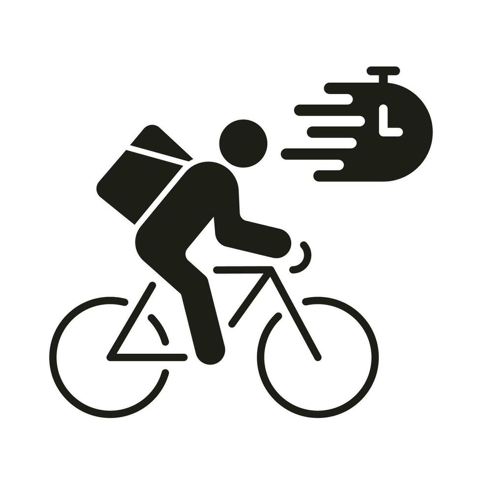 Fast Shipping of Food or Goods Silhouette Icon. Express Delivery Service Glyph Pictogram. Courier On Bike with Clock Solid Sign. Deliveryman with Box on Bicycle Symbol. Isolated Vector Illustration.