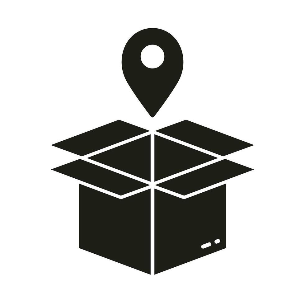 Receive Parcel Place Symbol. Pointer with Box, Shipping Glyph Pictogram. Order Location Silhouette Icon. Delivery Service, Pick Up Package Solid Sign. Isolated Vector Illustration.