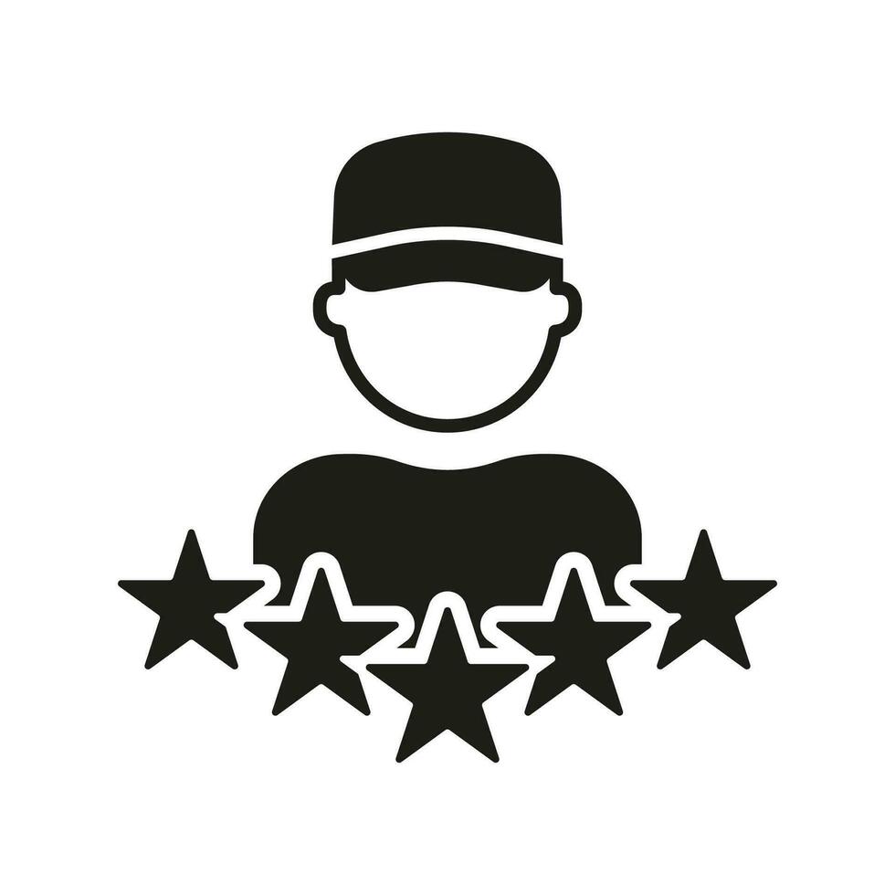 Customer Feedback, Employee with Five Stars Solid Sign. Client Satisfaction Symbol. Delivery Man Review Silhouette Icon. Courier Rating Glyph Pictogram. Isolated Vector Illustration.