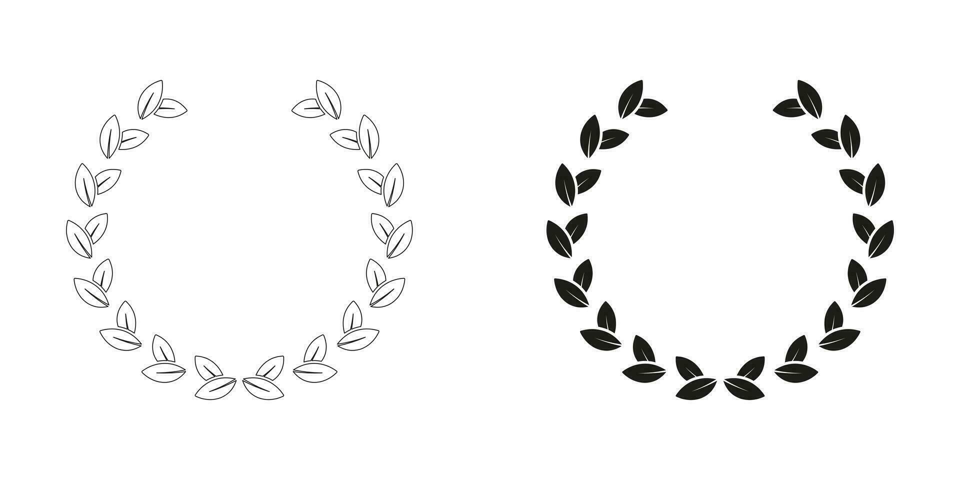 Chaplet Line and Silhouette Black Icon Set. Laurel Wreath, Foliate Award, Victory Certificate. Winner Emblem Pictogram. Tree Branch, Olive Leaf Symbol Collection. Isolated Vector Illustration.